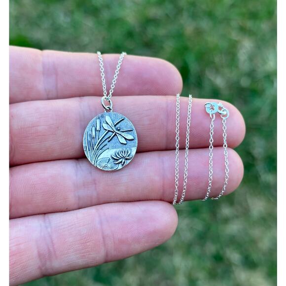 Sterling Silver Pond with Cattails and Dragonfly Necklace - Picture 1 of 3